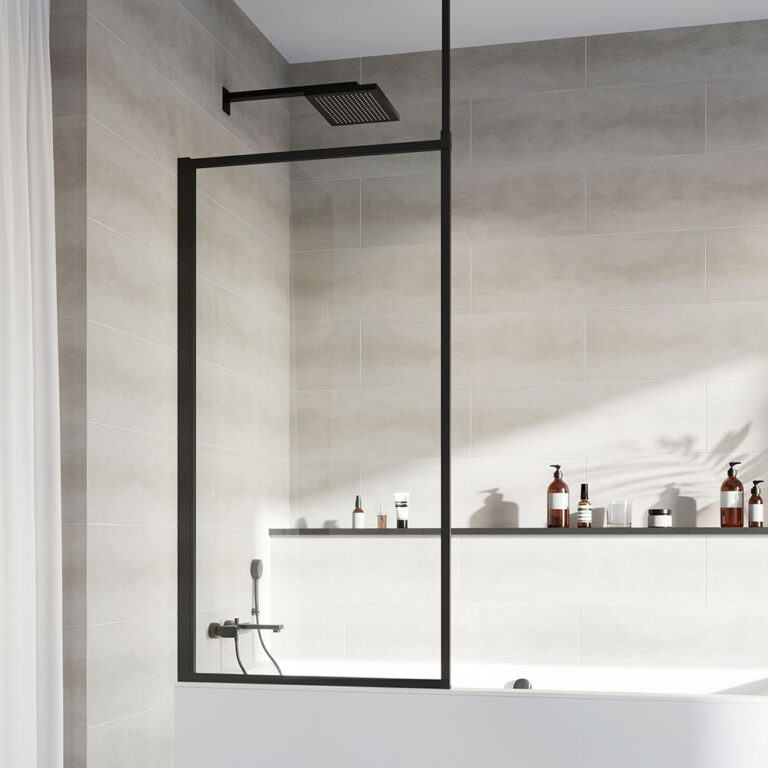 Roman introduce Framed Matt Black Bath Screen with Fluted Glass Roman