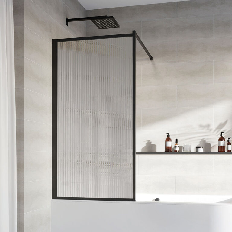 Roman introduce Framed Matt Black Bath Screen with Fluted Glass Roman